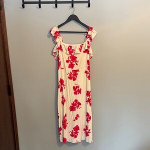 Floral Ruffle Sleeve Dress - Red and White